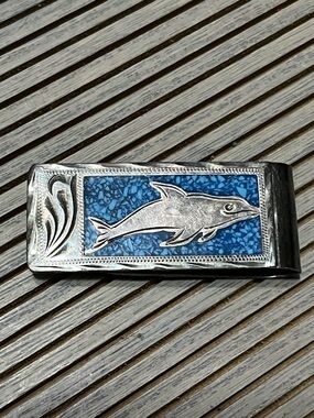 Vintage 925 Silver Mexico Crushed Blue Turquoise Dolphin Money Clip Holder